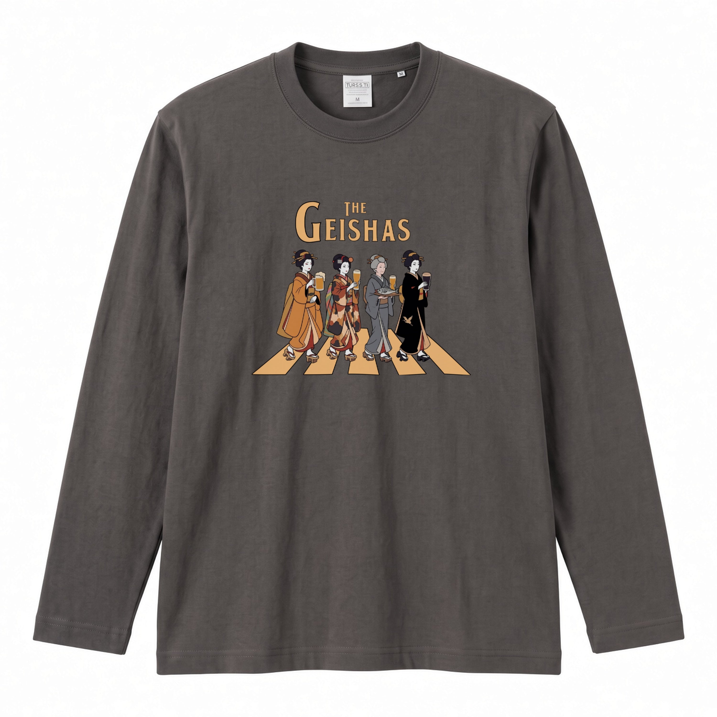 THE GEISHAS | 艶やか 芸者 乾杯ビール ロック名盤オマージュ グラフィック 長袖Tシャツ【おもしろ雑貨・普段着・宴会・ユニセックス・ギフトに最適】